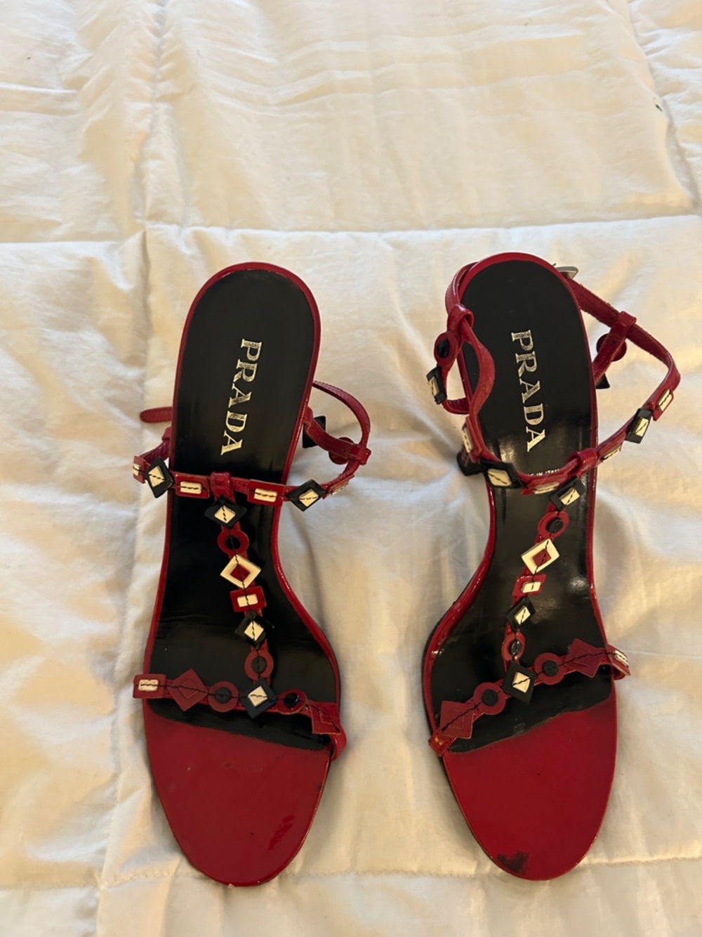 Prada Burgundy Red T-Strap Gem-Embellished Heels. Size 7.5 - Picture 2 of 5